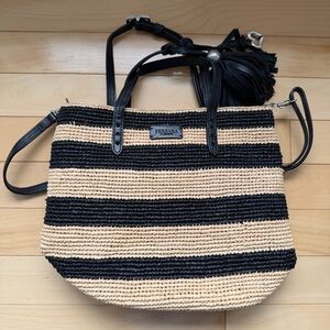 Brighton colab summer straw tote with black stripes straw details magnet closure
